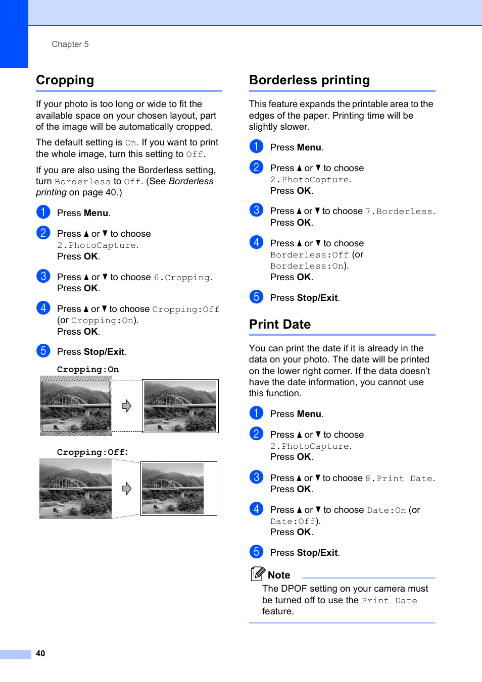 Cropping, Borderless printing, Print date | Cropping borderless printing print date | Brother DCP-375CW User Manual | Page 52 / 118