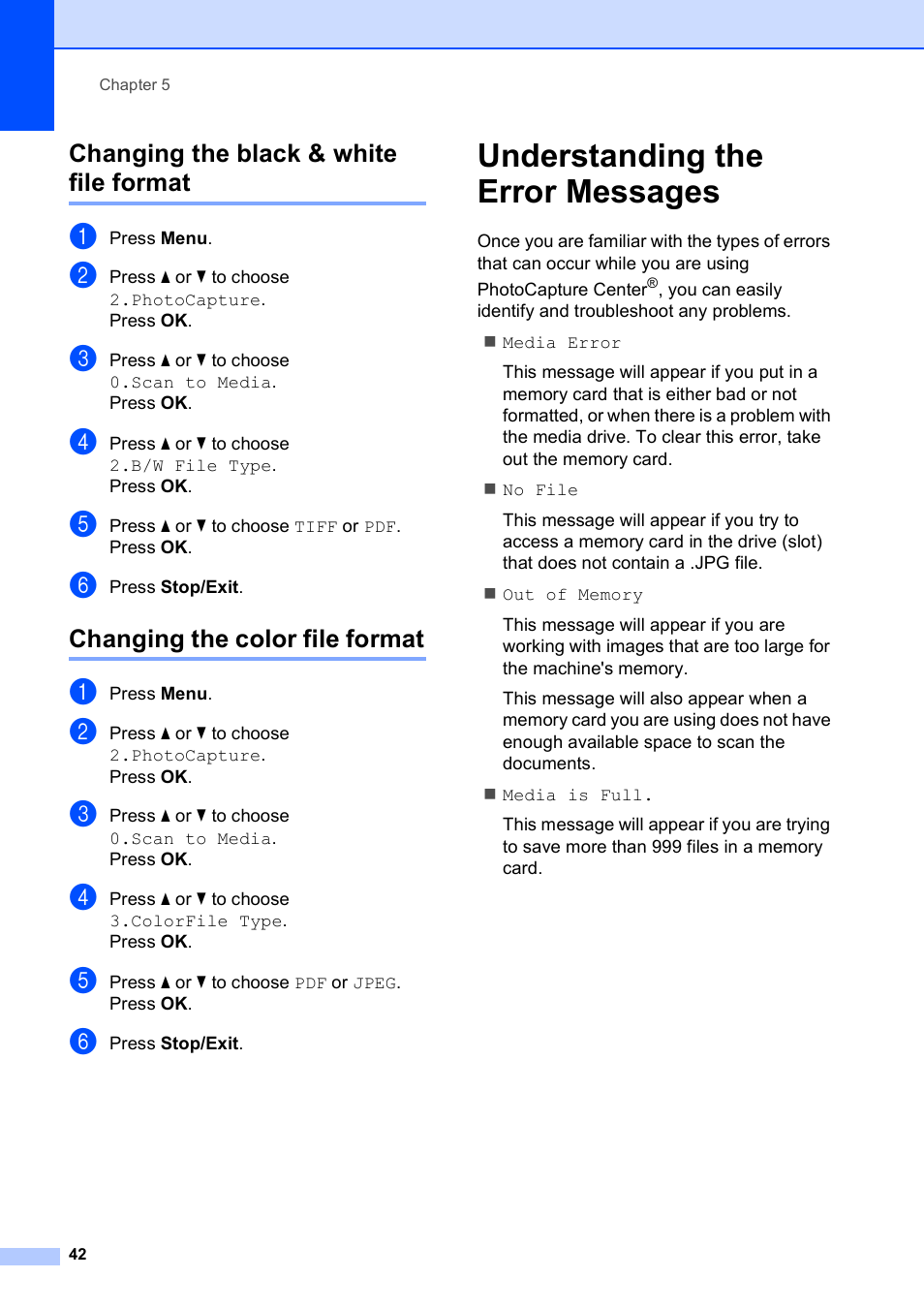 Changing the black & white file format, Changing the color file format, Understanding the error messages | Brother DCP-375CW User Manual | Page 54 / 118