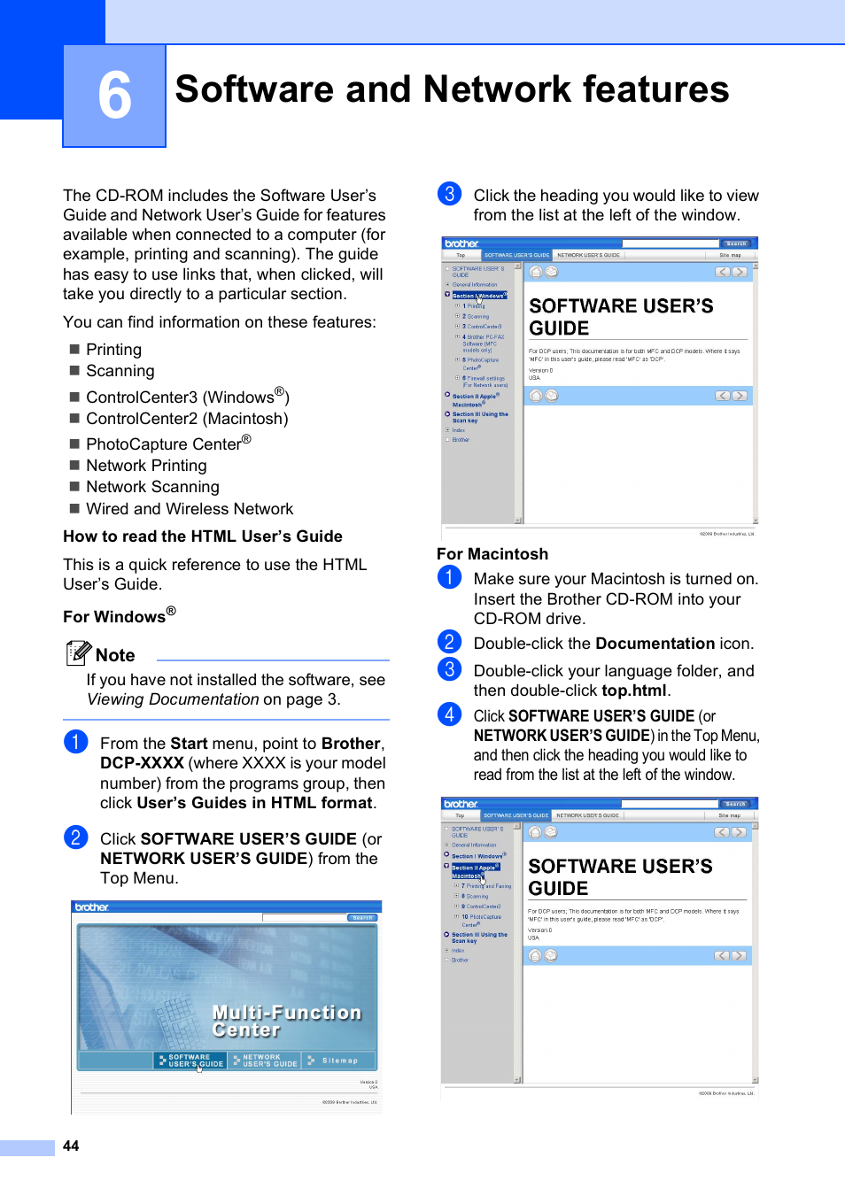 6 software and network features, Software and network features | Brother DCP-375CW User Manual | Page 56 / 118