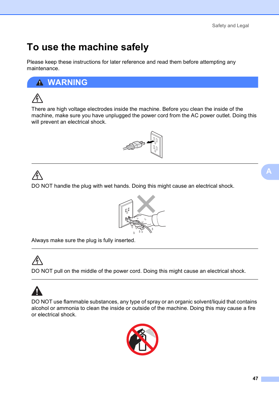 To use the machine safely, Warning, Always make sure the plug is fully inserted | Safety and legal 47 | Brother DCP-375CW User Manual | Page 59 / 118
