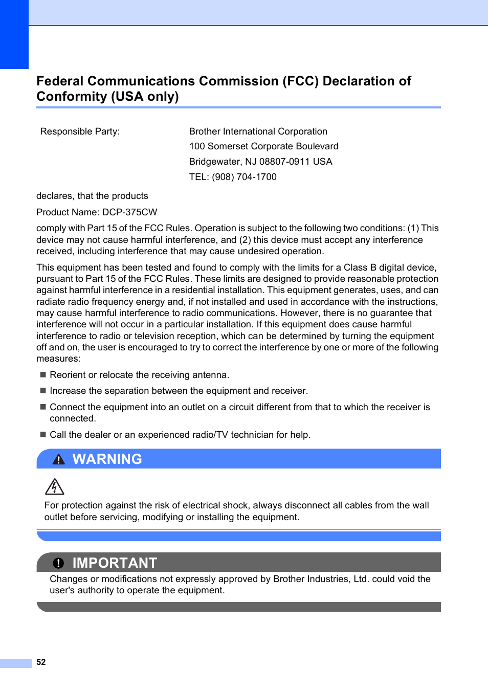 Usa only), Warning, Important | Brother DCP-375CW User Manual | Page 64 / 118
