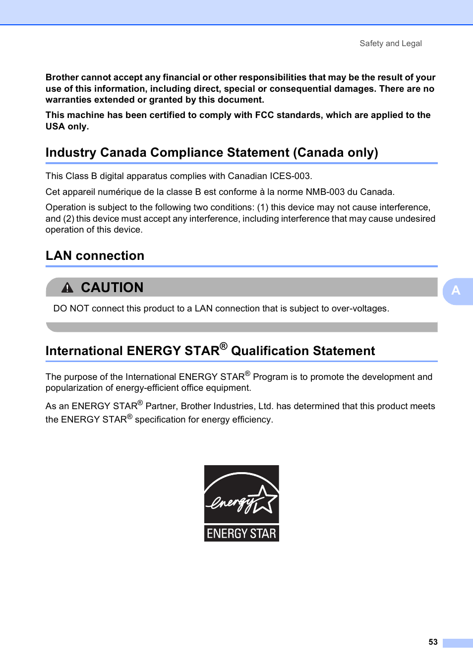 Industry canada compliance statement (canada only), Lan connection, International energy star® qualification statement | Qualification statement, Caution, International energy star | Brother DCP-375CW User Manual | Page 65 / 118