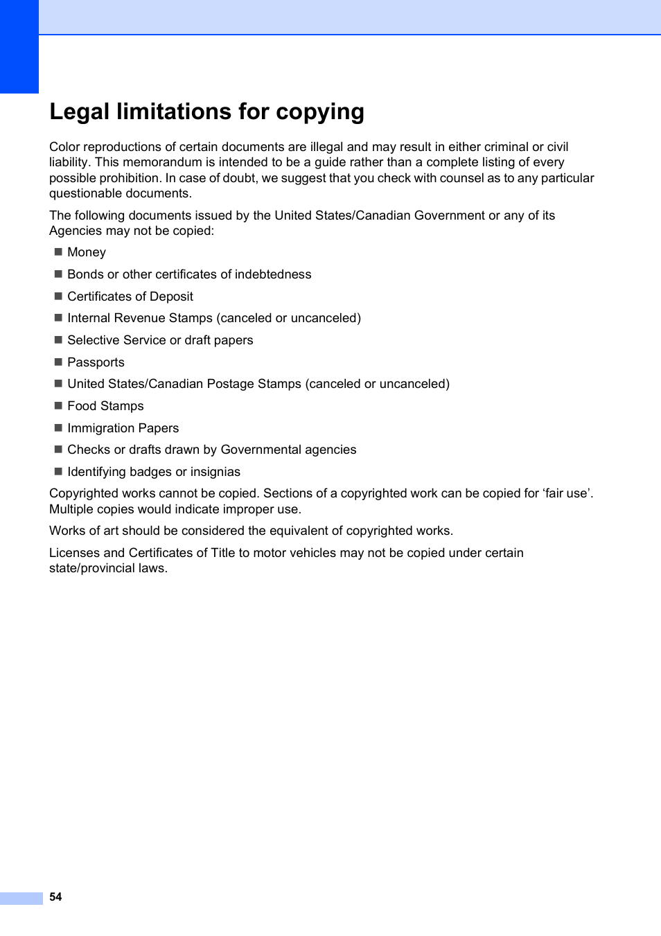 Legal limitations for copying | Brother DCP-375CW User Manual | Page 66 / 118