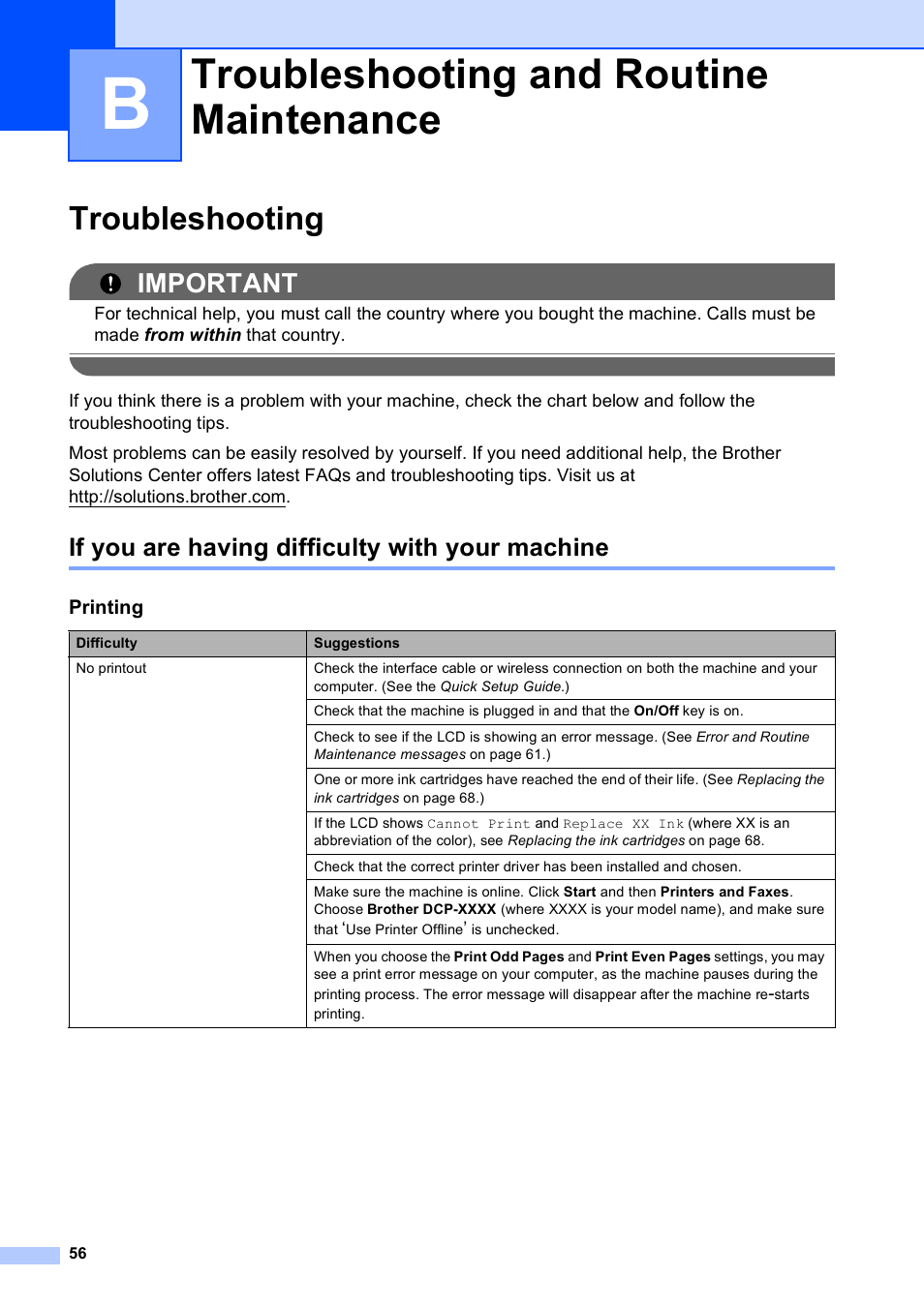 B troubleshooting and routine maintenance, Troubleshooting, If you are having difficulty with your machine | Troubleshooting and routine maintenance, Important | Brother DCP-375CW User Manual | Page 68 / 118