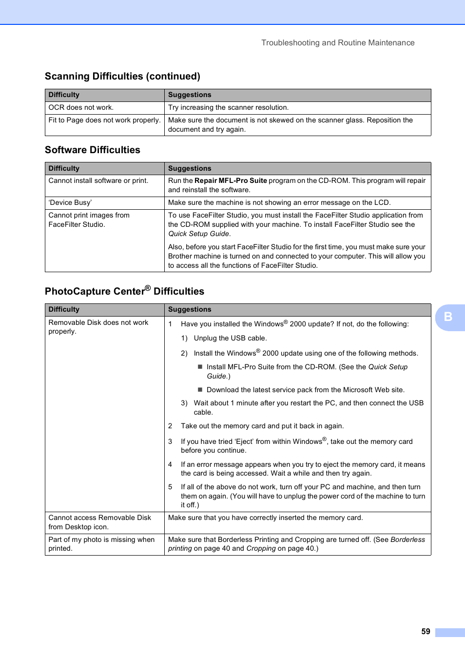 Software difficulties, Photocapture center, Difficulties | Scanning difficulties (continued) | Brother DCP-375CW User Manual | Page 71 / 118
