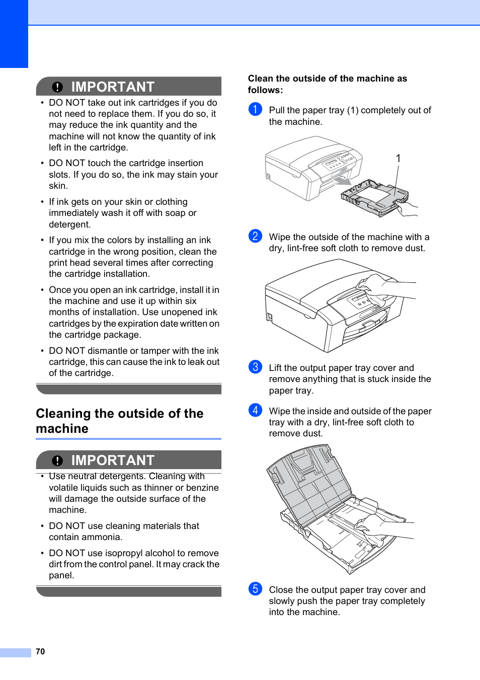 Cleaning the outside of the machine, Important | Brother DCP-375CW User Manual | Page 82 / 118