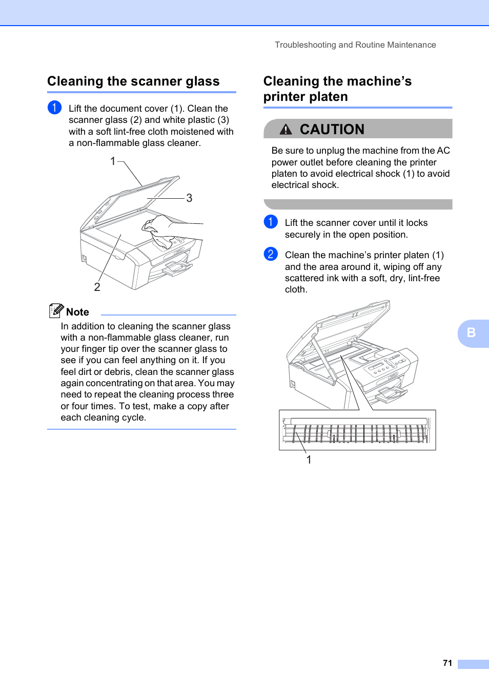 Cleaning the scanner glass, Cleaning the machine’s printer platen, Caution | Bcleaning the scanner glass | Brother DCP-375CW User Manual | Page 83 / 118