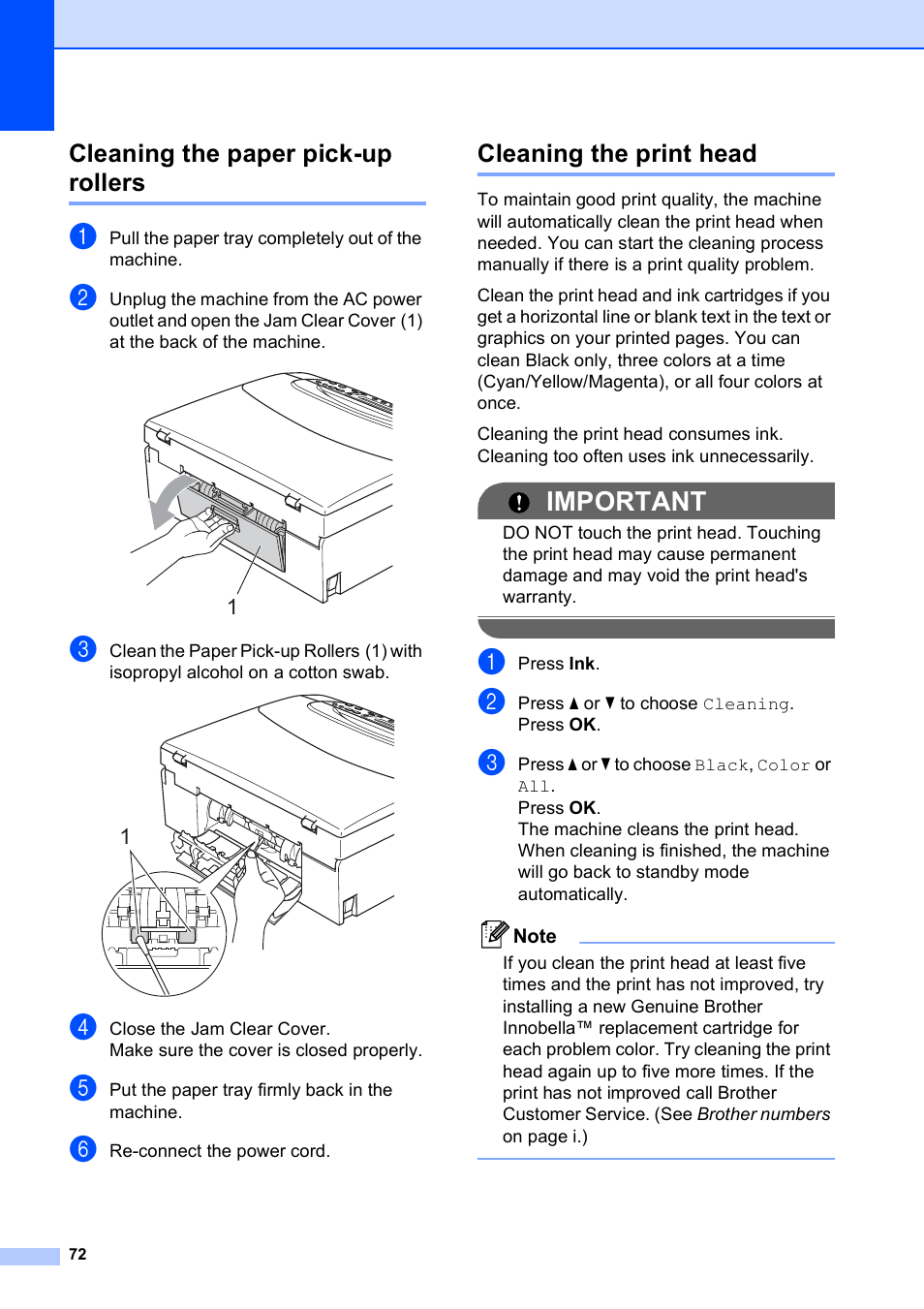 Cleaning the paper pick-up rollers, Cleaning the print head, Important | Brother DCP-375CW User Manual | Page 84 / 118