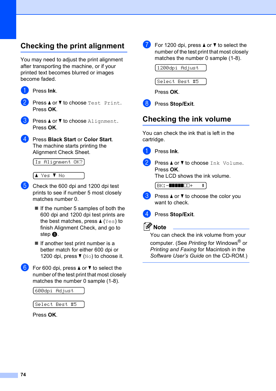 Checking the print alignment, Checking the ink volume | Brother DCP-375CW User Manual | Page 86 / 118