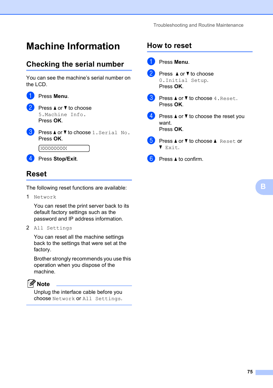 Machine information, Checking the serial number, Reset | How to reset, Checking the serial number reset how to reset | Brother DCP-375CW User Manual | Page 87 / 118