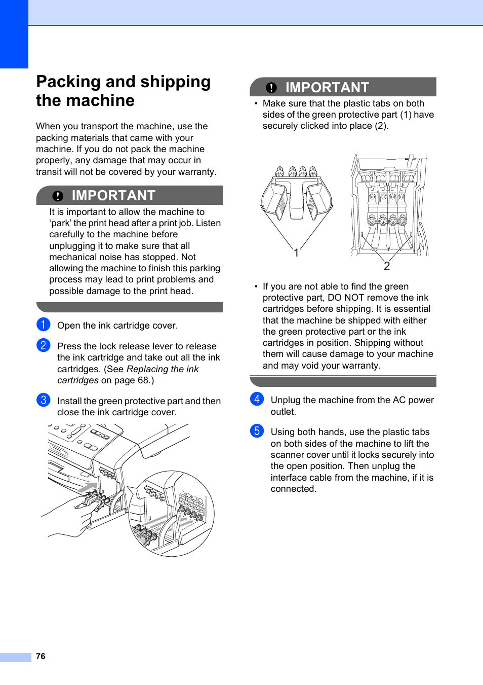 Packing and shipping the machine, Important | Brother DCP-375CW User Manual | Page 88 / 118