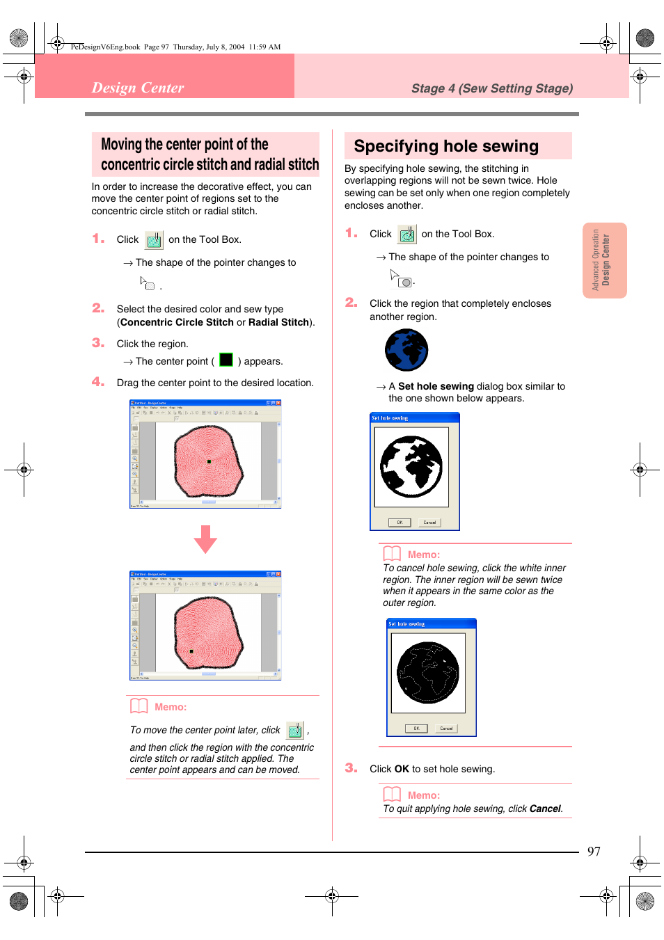 Specifying hole sewing, Design center | Brother PE-DESIGN Ver.6 User Manual | Page 105 / 272