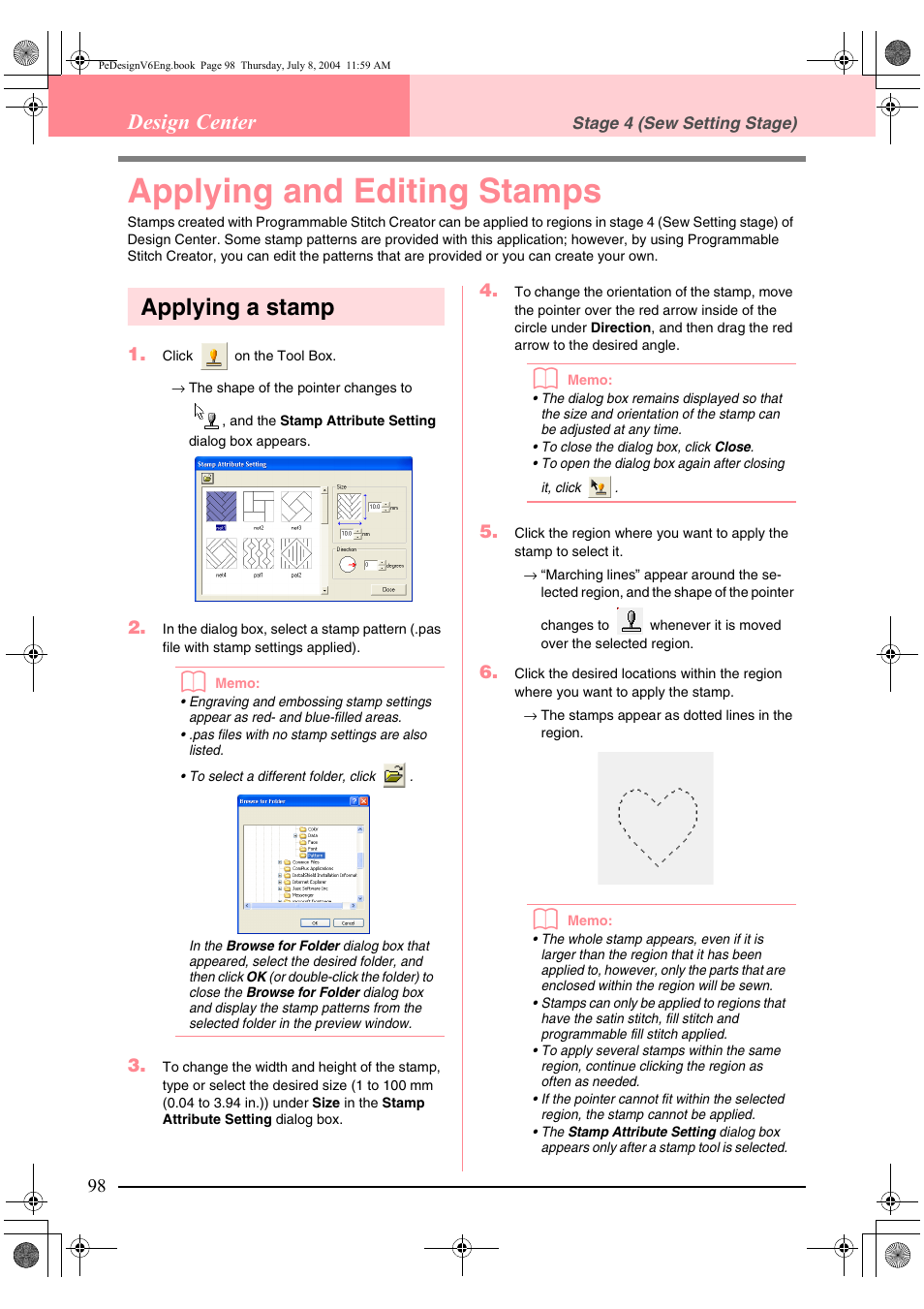 Applying and editing stamps, Applying a stamp, Scr114.bmp | Design center | Brother PE-DESIGN Ver.6 User Manual | Page 106 / 272