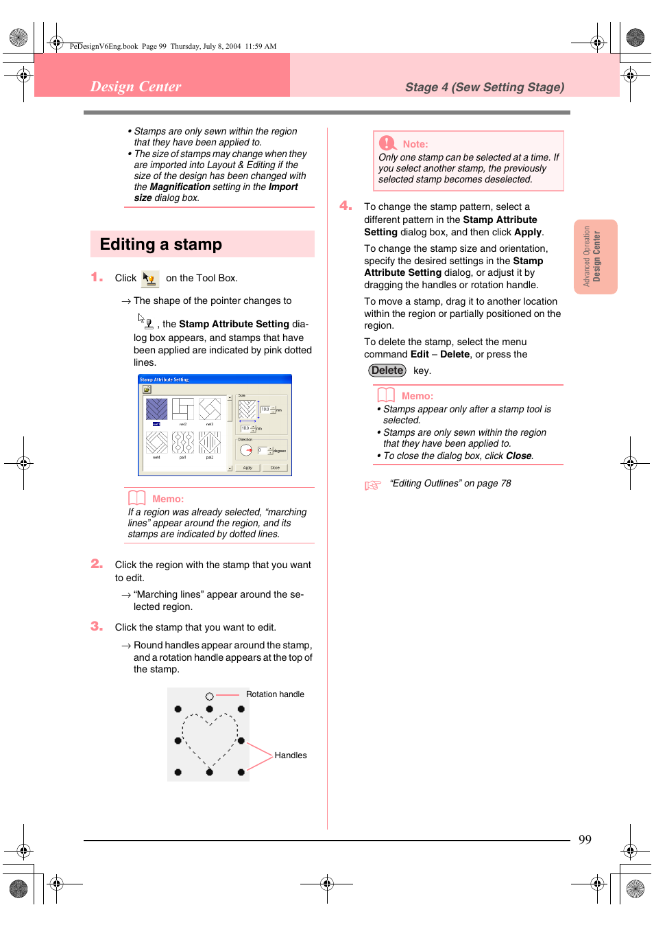 Editing a stamp, Design center | Brother PE-DESIGN Ver.6 User Manual | Page 107 / 272