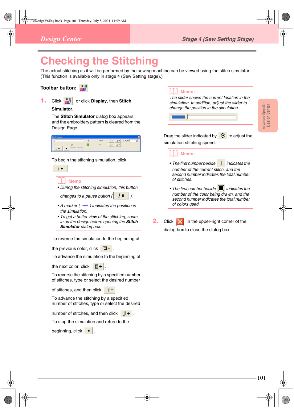 Checking the stitching, Design center | Brother PE-DESIGN Ver.6 User Manual | Page 109 / 272