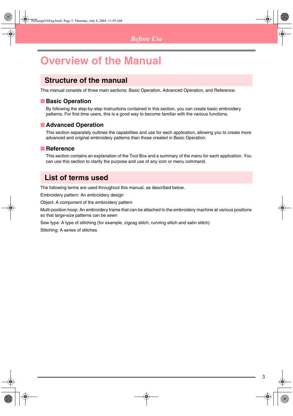 Overview of the manual, Structure of the manual, List of terms used | Before use | Brother PE-DESIGN Ver.6 User Manual | Page 11 / 272