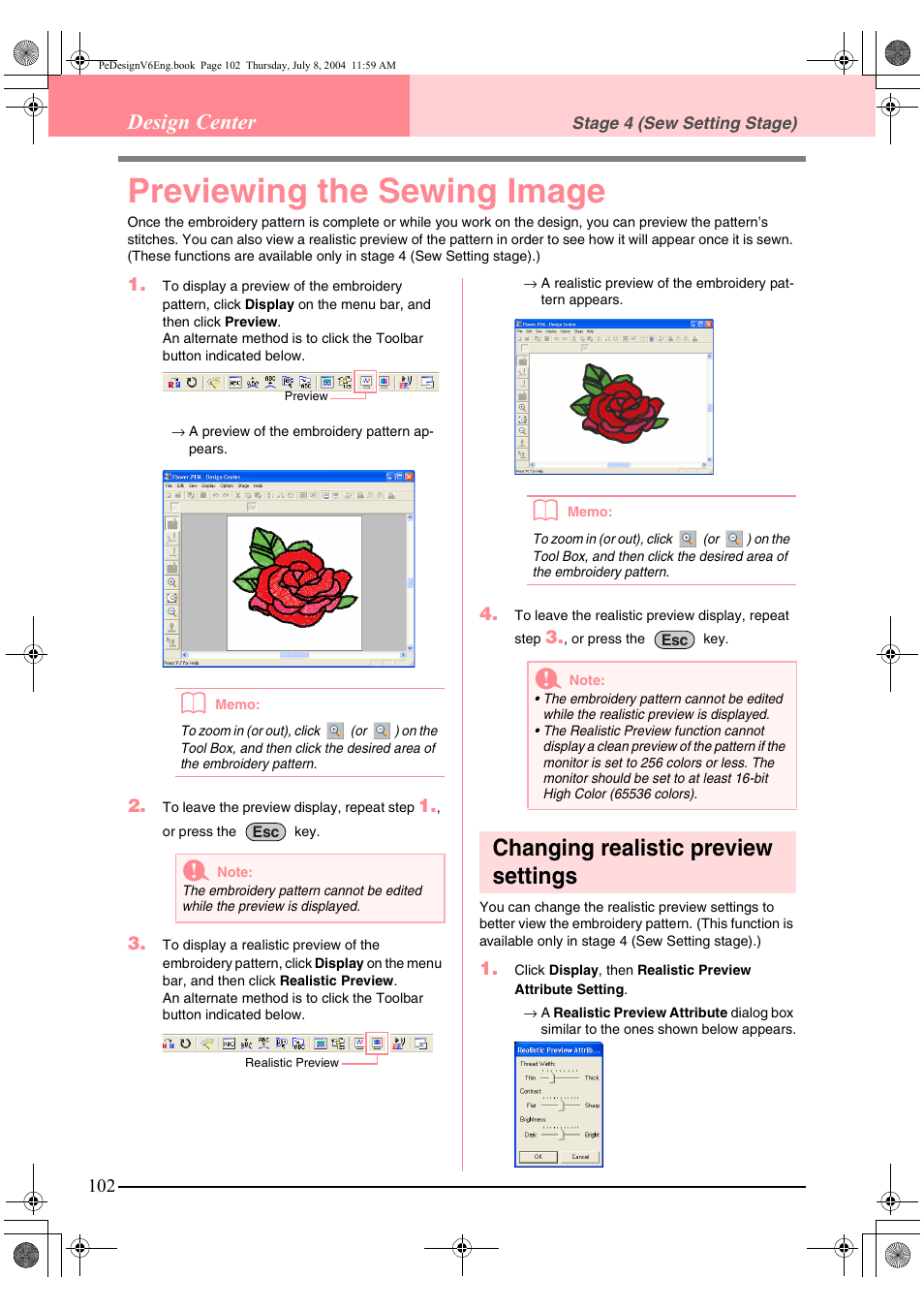 Previewing the sewing image, Changing realistic preview settings, Design center | Brother PE-DESIGN Ver.6 User Manual | Page 110 / 272