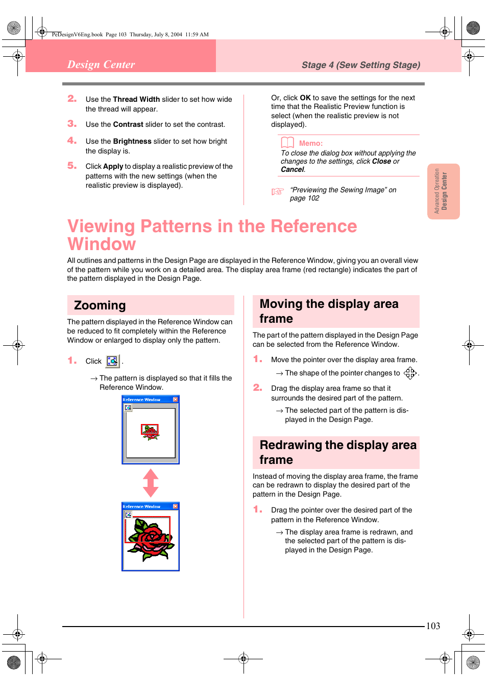 Viewing patterns in the reference window, Zooming, Moving the display area frame | Redrawing the display area frame, Design center | Brother PE-DESIGN Ver.6 User Manual | Page 111 / 272