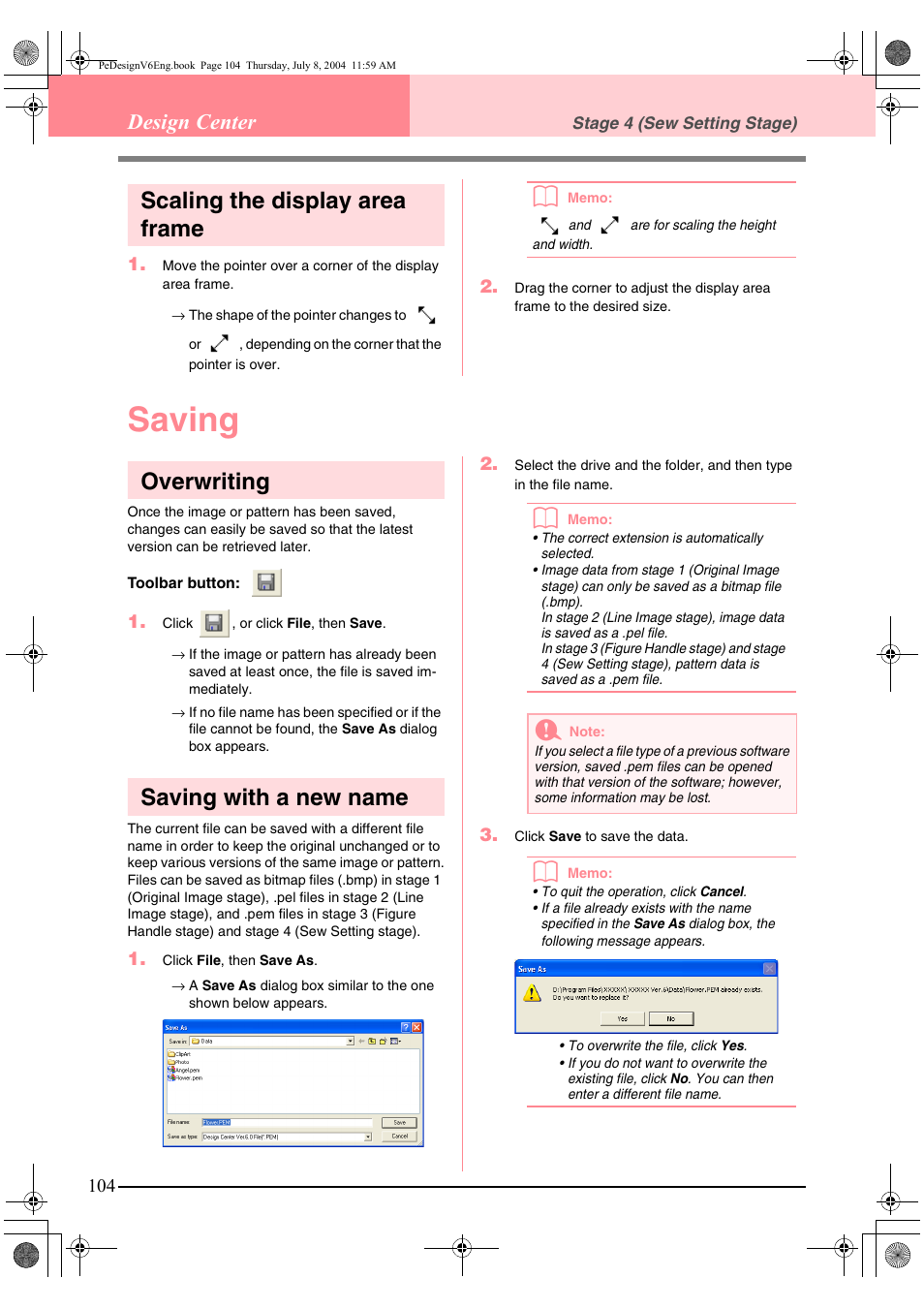Saving, Scaling the display area frame, Overwriting | Saving with a new name, Design center | Brother PE-DESIGN Ver.6 User Manual | Page 112 / 272
