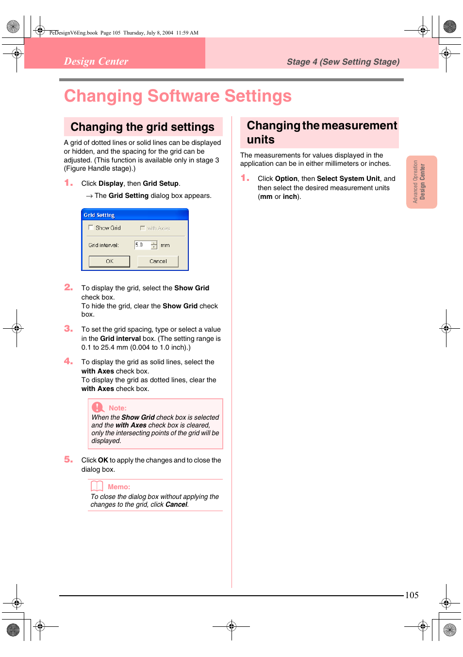 Changing software settings, Changing the grid settings, Changing the measurement units | Design center | Brother PE-DESIGN Ver.6 User Manual | Page 113 / 272