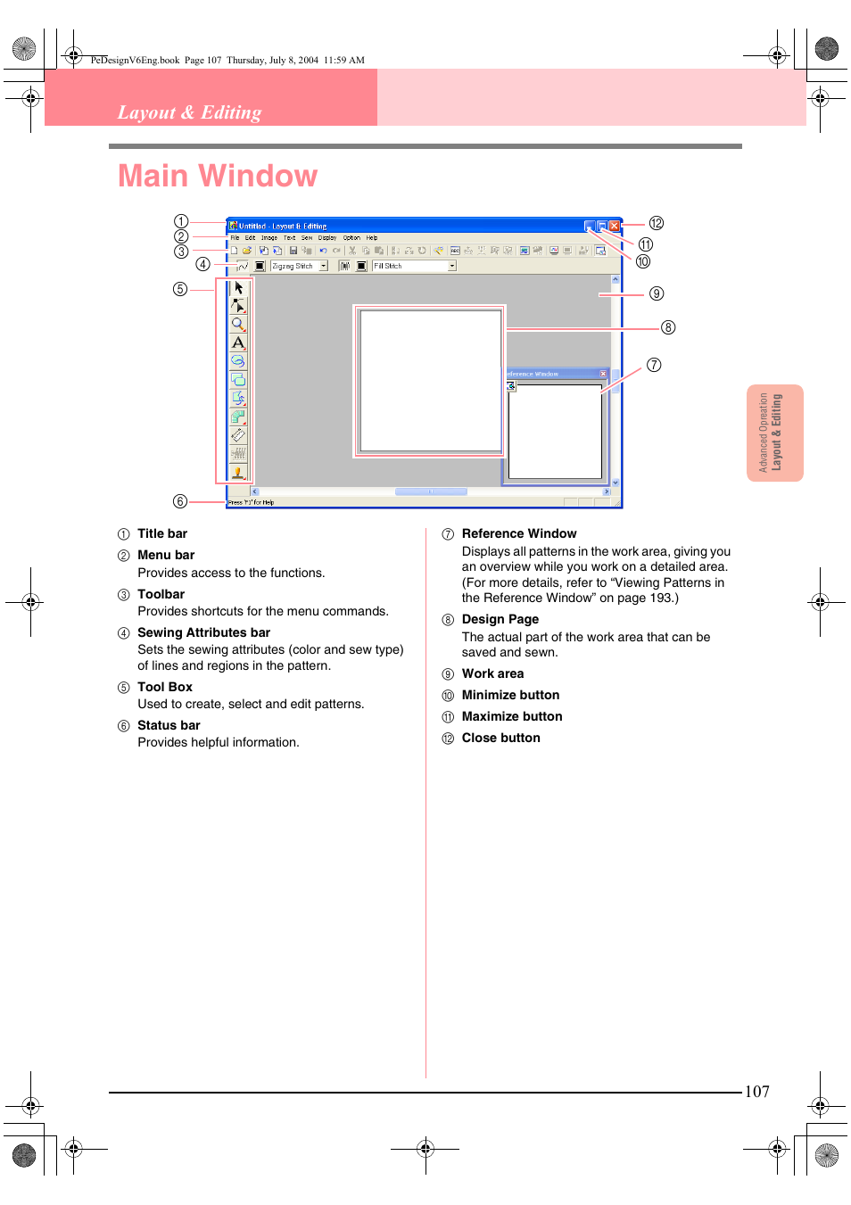 Main window, Layout & editing | Brother PE-DESIGN Ver.6 User Manual | Page 115 / 272