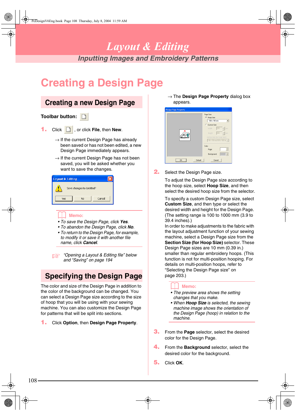 Layout & editing, Creating a design page, Creating a new design page | Specifying the design page, Inputting images and embroidery patterns | Brother PE-DESIGN Ver.6 User Manual | Page 116 / 272
