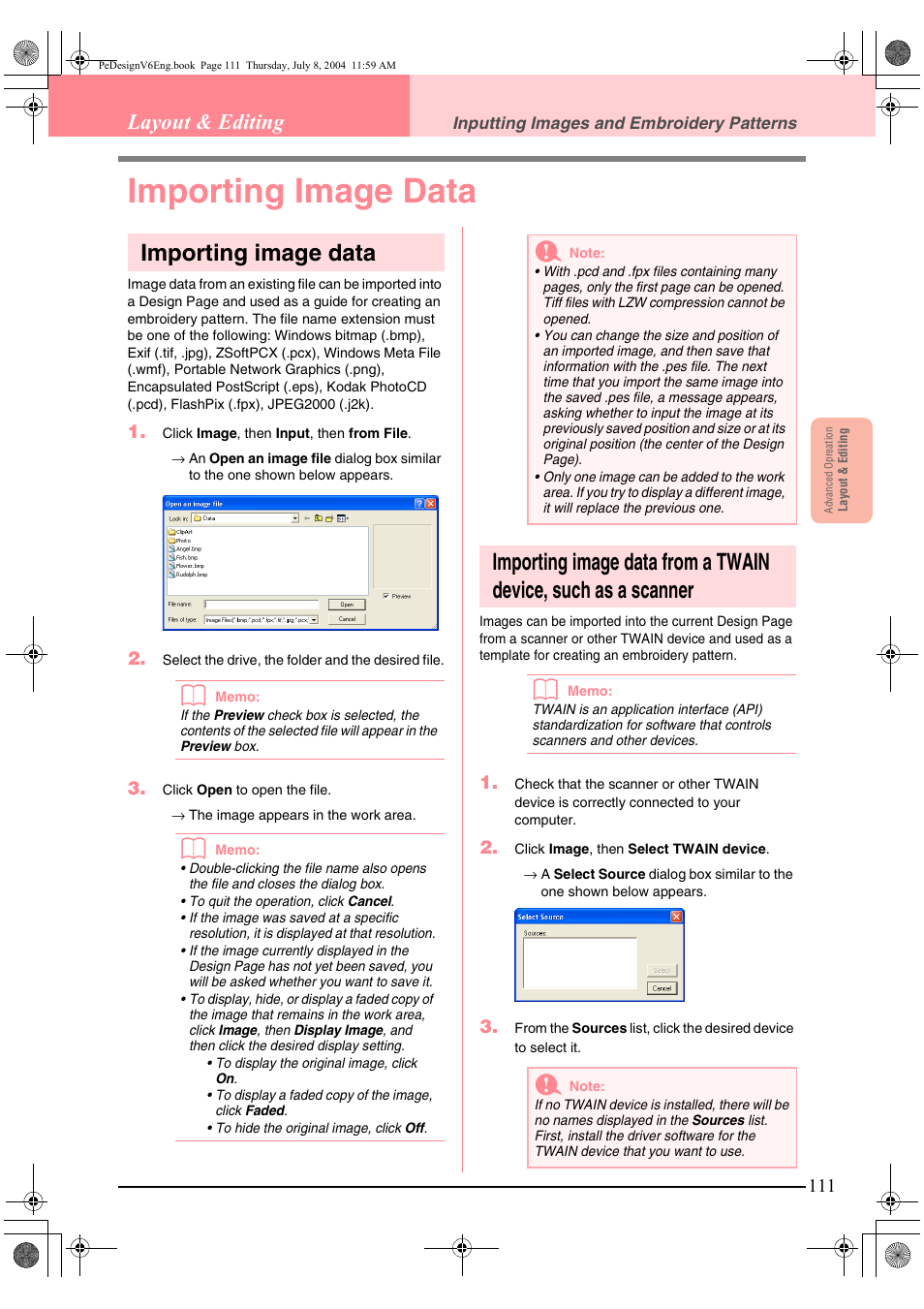 Importing image data, Layout & editing | Brother PE-DESIGN Ver.6 User Manual | Page 119 / 272