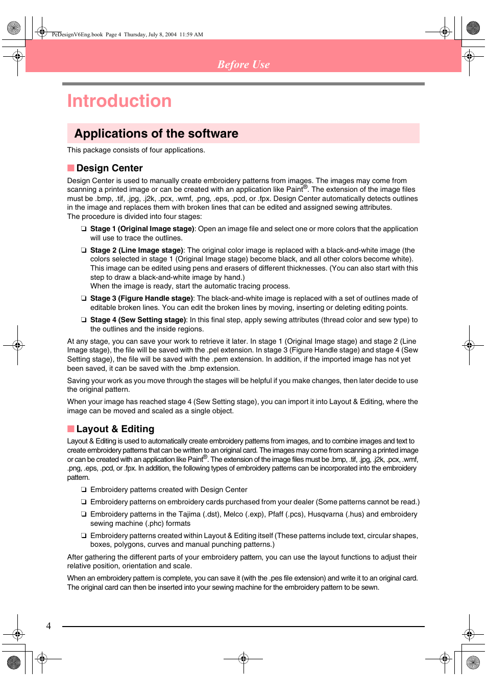 Introduction, Applications of the software, Before use | Brother PE-DESIGN Ver.6 User Manual | Page 12 / 272