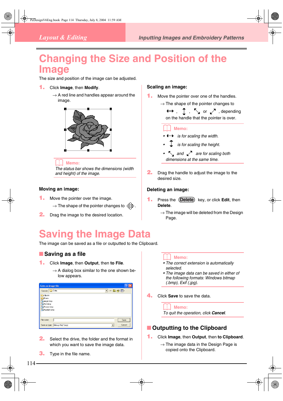 Changing the size and position of the image, Saving the image data, Layout & editing | Brother PE-DESIGN Ver.6 User Manual | Page 122 / 272