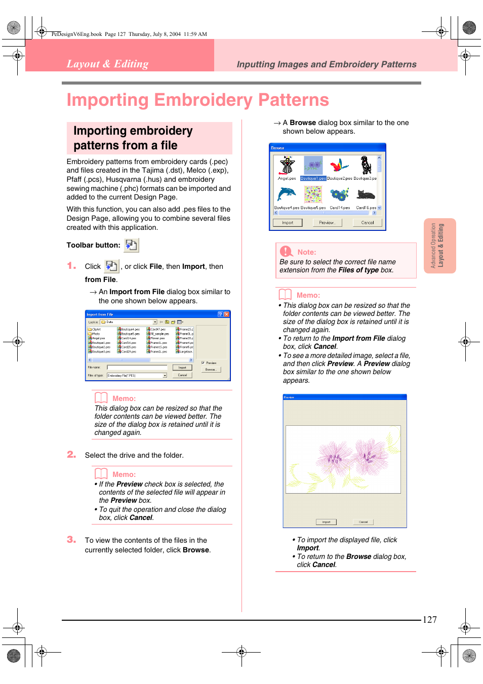 Importing embroidery patterns, Importing embroidery patterns from a file, Layout & editing | Brother PE-DESIGN Ver.6 User Manual | Page 135 / 272
