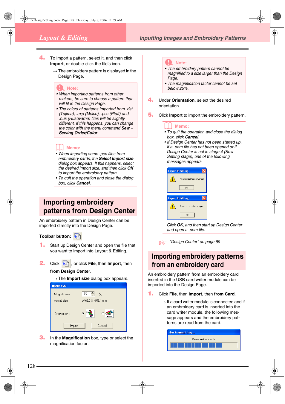 Importing embroidery patterns from design center, Layout & editing | Brother PE-DESIGN Ver.6 User Manual | Page 136 / 272