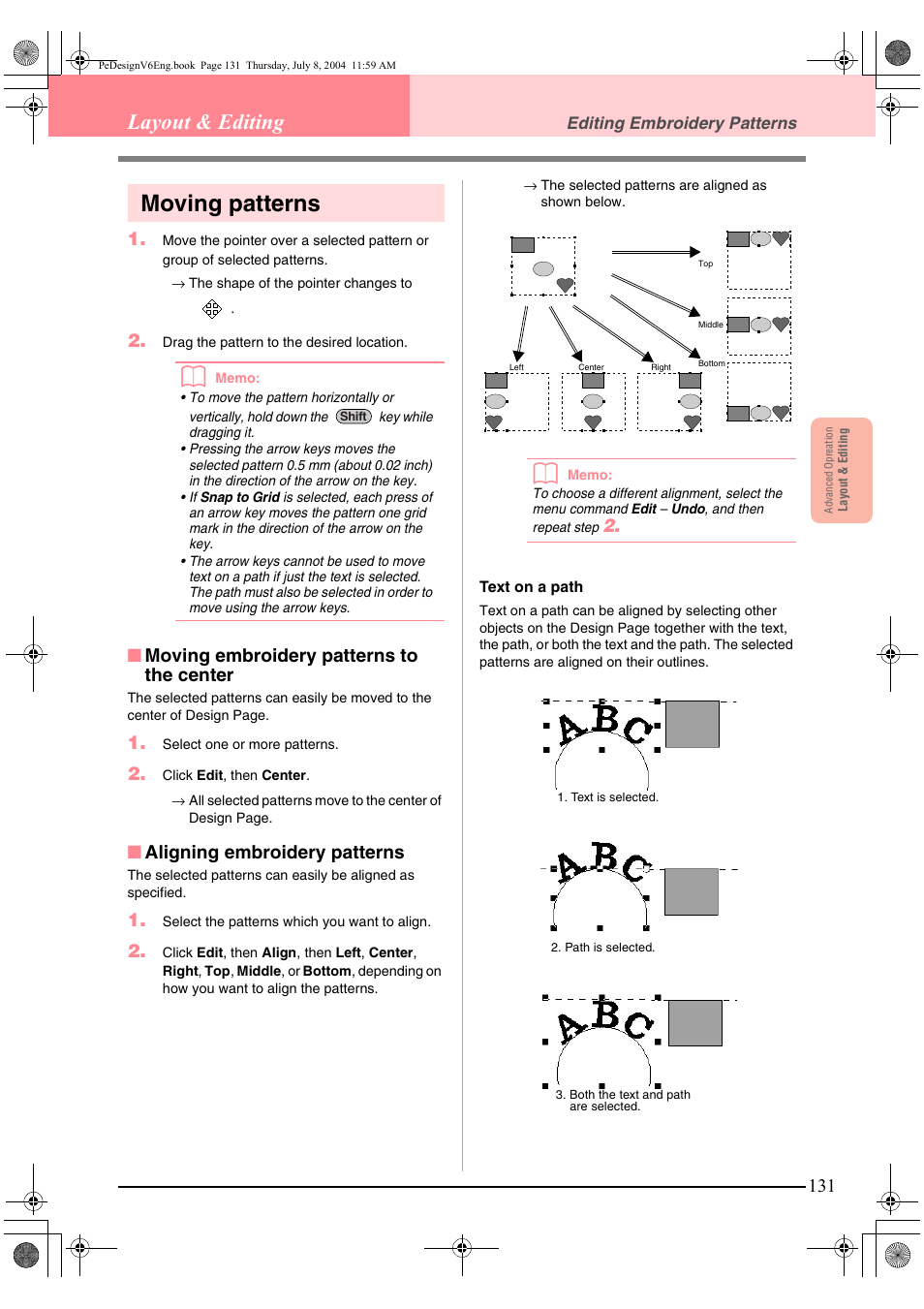 Moving patterns, Layout & editing, Moving embroidery patterns to the center | Aligning embroidery patterns | Brother PE-DESIGN Ver.6 User Manual | Page 139 / 272