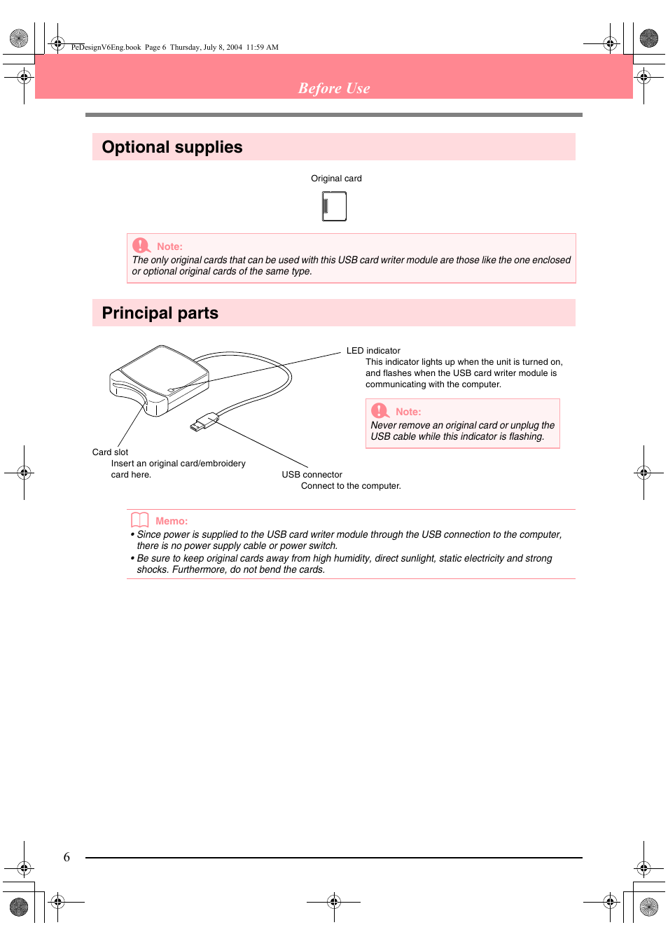 Optional supplies principal parts, Before use | Brother PE-DESIGN Ver.6 User Manual | Page 14 / 272
