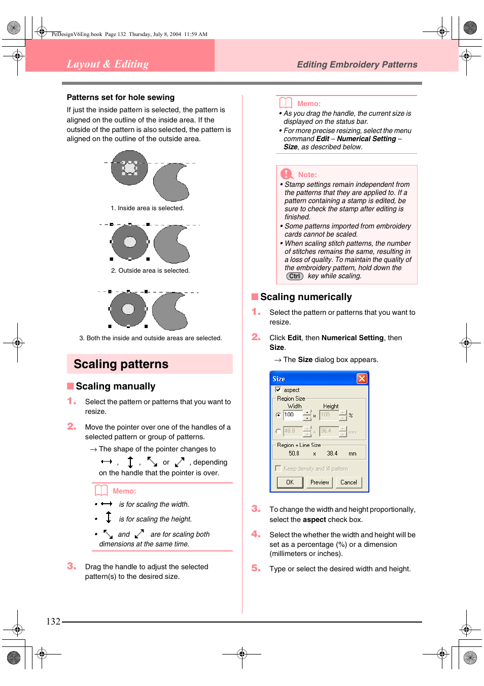 Scaling patterns, Layout & editing, Scaling manually 1 | Scaling numerically 1 | Brother PE-DESIGN Ver.6 User Manual | Page 140 / 272