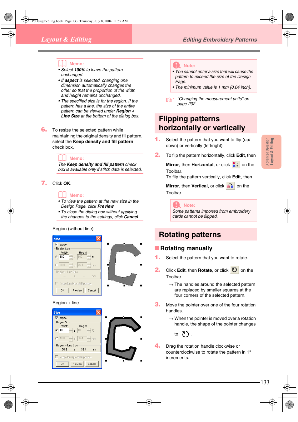 Flipping patterns horizontally or vertically, Rotating patterns, Layout & editing | Brother PE-DESIGN Ver.6 User Manual | Page 141 / 272