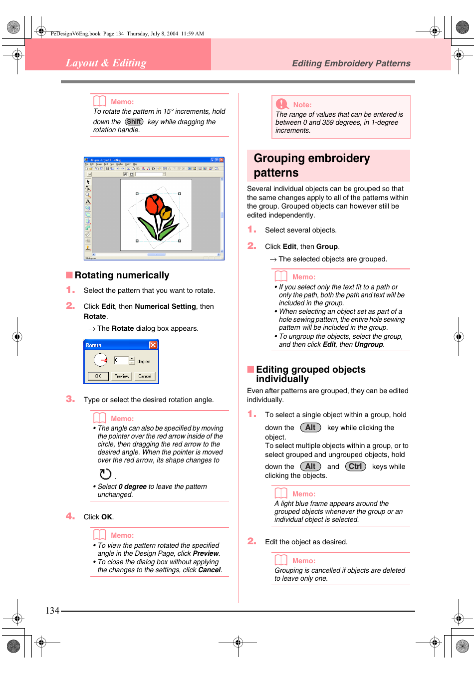 Grouping embroidery patterns, Layout & editing | Brother PE-DESIGN Ver.6 User Manual | Page 142 / 272