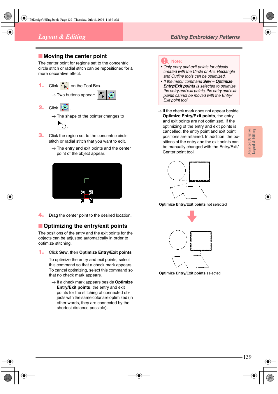 Layout & editing, Moving the center point, Optimizing the entry/exit points | Brother PE-DESIGN Ver.6 User Manual | Page 147 / 272