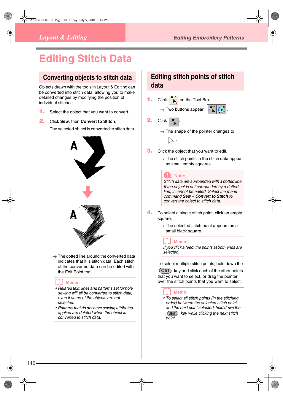 Editing stitch data, Converting objects to stitch data, Editing stitch points of stitch data | Layout & editing | Brother PE-DESIGN Ver.6 User Manual | Page 148 / 272