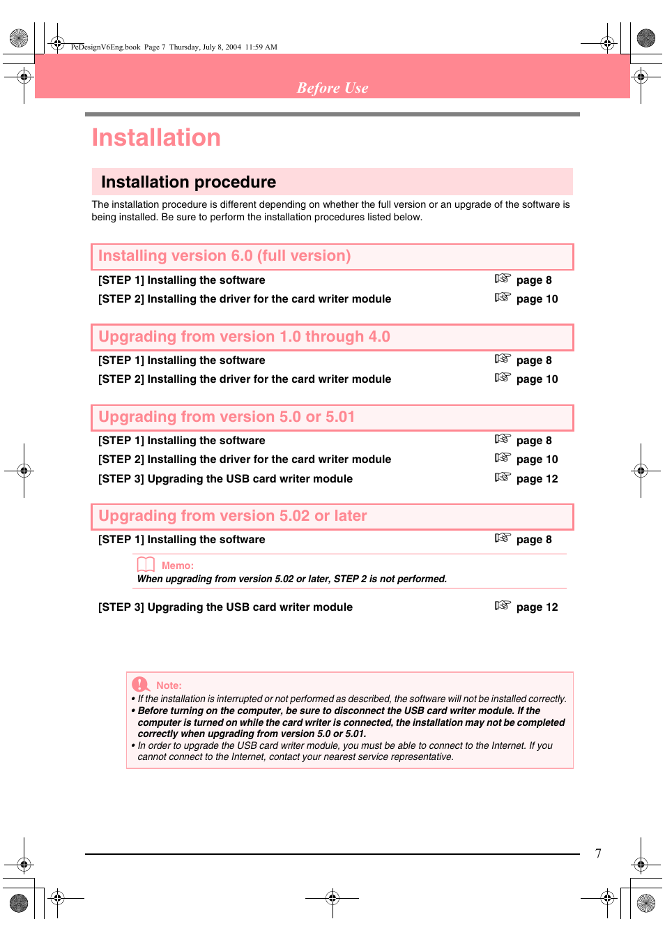 Installation, Installation procedure, Before use | Installing version 6.0 (full version), Upgrading from version 1.0 through 4.0, Upgrading from version 5.02 or later | Brother PE-DESIGN Ver.6 User Manual | Page 15 / 272