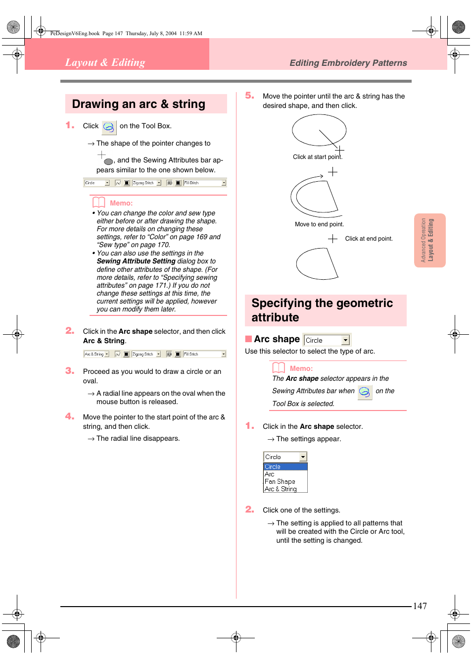 Drawing an arc & string, Specifying the geometric attribute, Layout & editing | Brother PE-DESIGN Ver.6 User Manual | Page 155 / 272