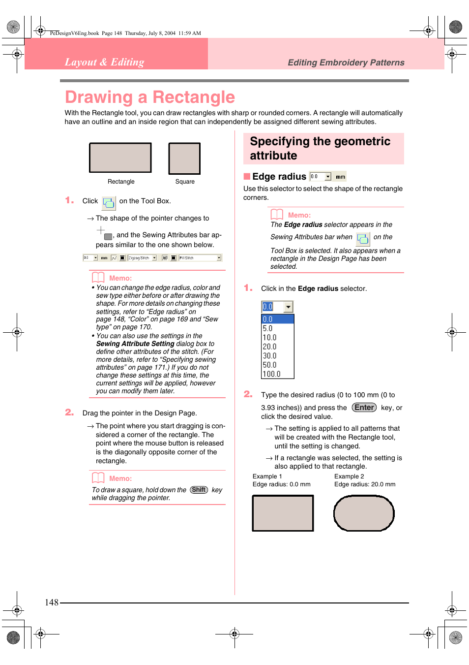 Drawing a rectangle, Specifying the geometric attribute, Layout & editing | Brother PE-DESIGN Ver.6 User Manual | Page 156 / 272