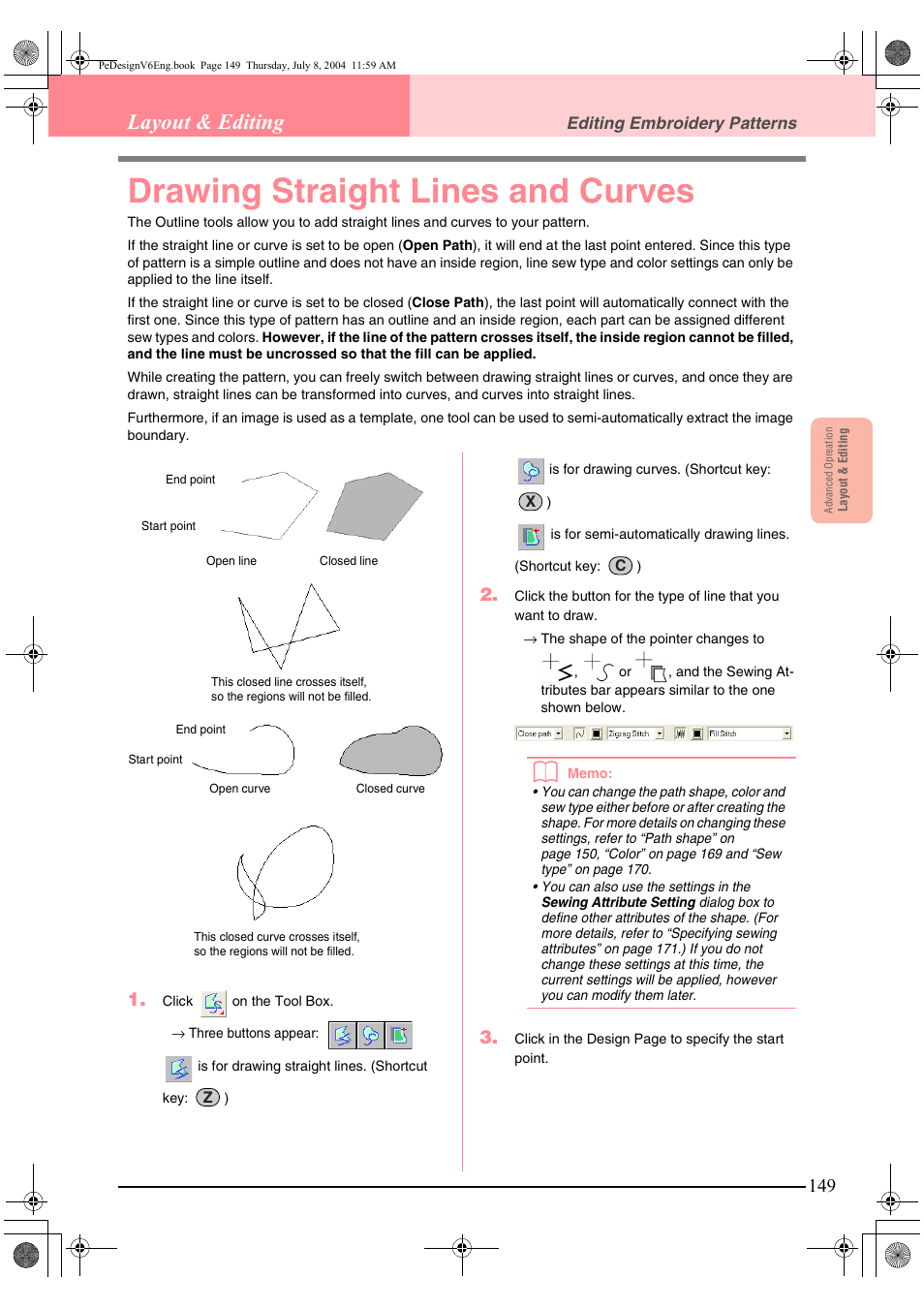 Drawing straight lines and curves, Layout & editing | Brother PE-DESIGN Ver.6 User Manual | Page 157 / 272