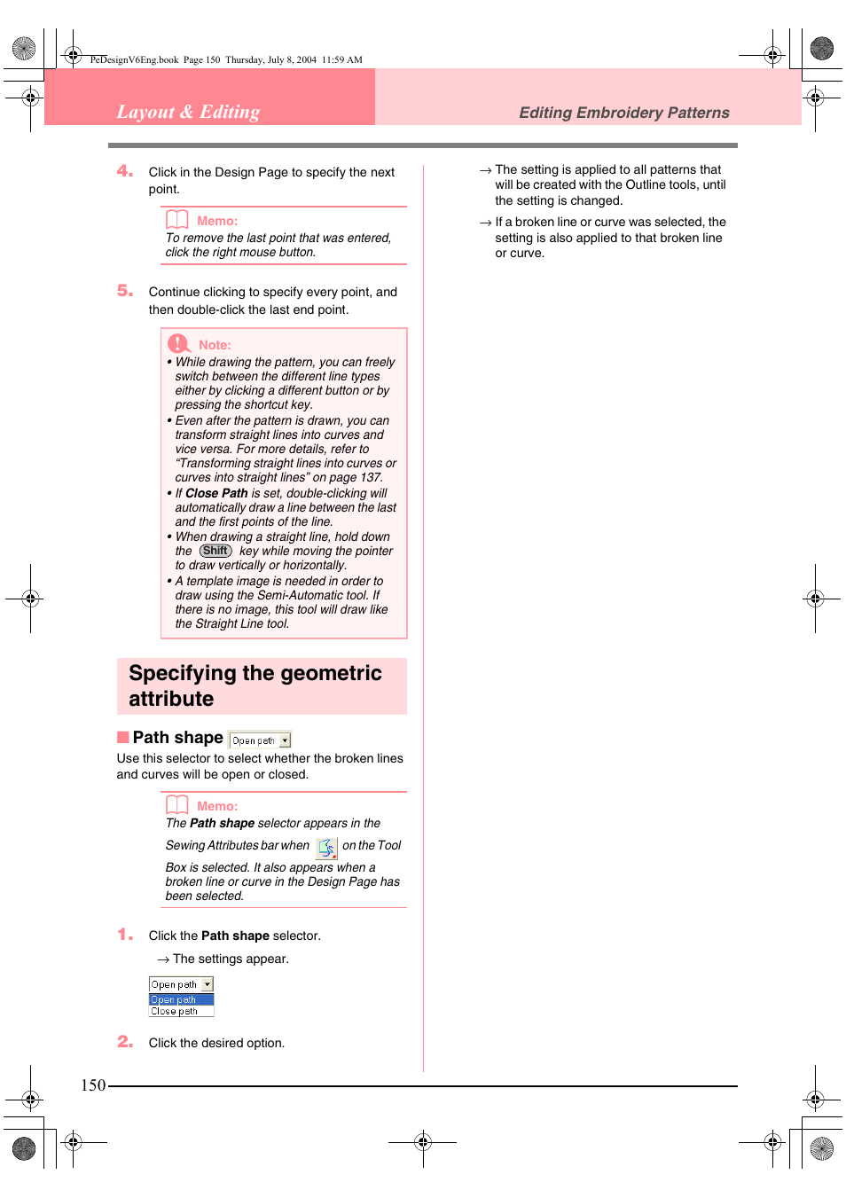 Specifying the geometric attribute, Layout & editing | Brother PE-DESIGN Ver.6 User Manual | Page 158 / 272