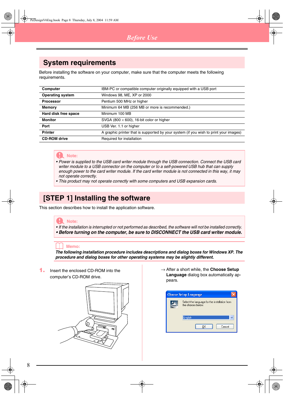System requirements, Step 1] installing the software, Before use | Brother PE-DESIGN Ver.6 User Manual | Page 16 / 272