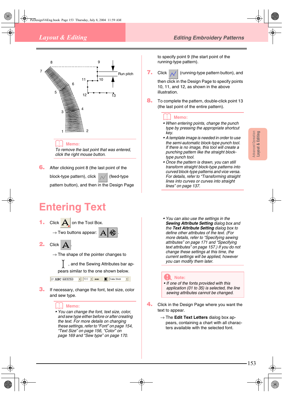 Entering text, Layout & editing | Brother PE-DESIGN Ver.6 User Manual | Page 161 / 272