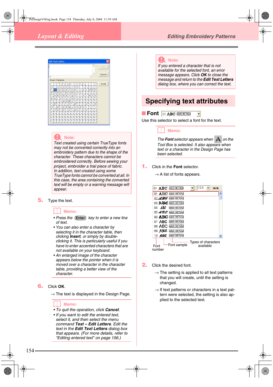 Specifying text attributes, Layout & editing | Brother PE-DESIGN Ver.6 User Manual | Page 162 / 272