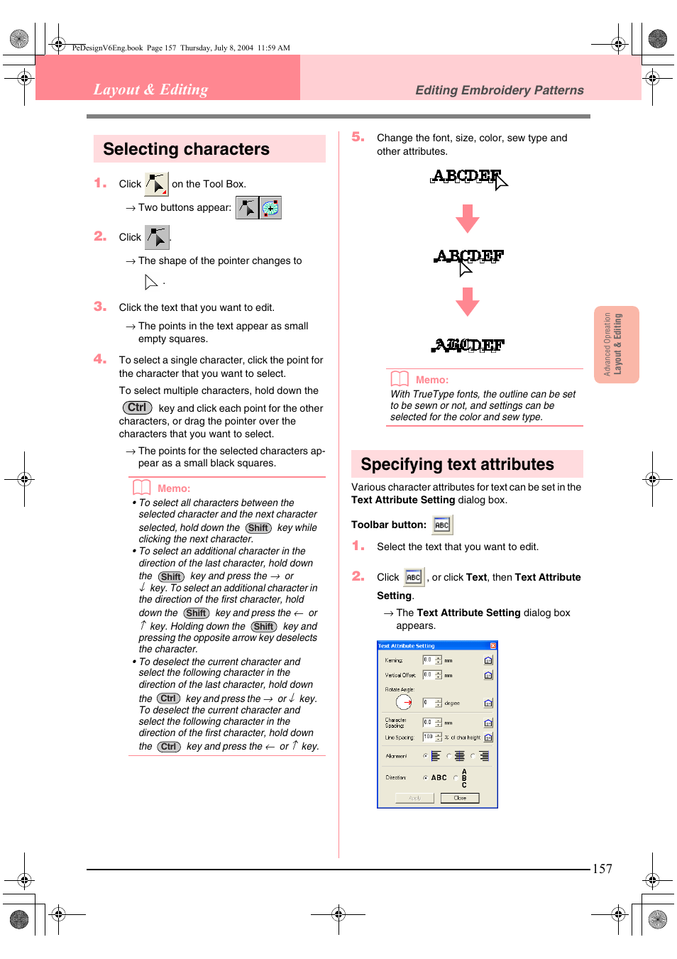 Selecting characters, Specifying text attributes, Layout & editing | Brother PE-DESIGN Ver.6 User Manual | Page 165 / 272