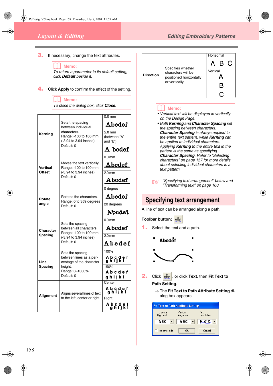 Specifying text arrangement, Layout & editing | Brother PE-DESIGN Ver.6 User Manual | Page 166 / 272