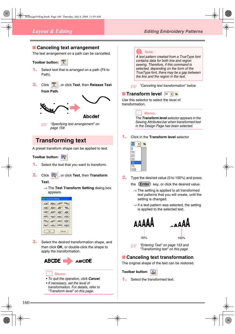 Transforming text, Layout & editing | Brother PE-DESIGN Ver.6 User Manual | Page 168 / 272