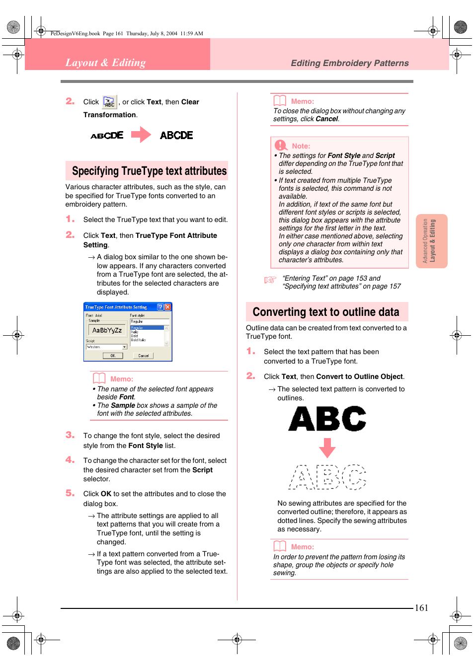 Specifying truetype text attributes, Converting text to outline data, Layout & editing | Brother PE-DESIGN Ver.6 User Manual | Page 169 / 272